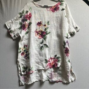 Me & Gee 100% Linen White Floral Short-Sleeve Women’s Top Sz L